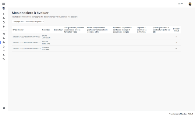 Capture d'écran de la liste des évaluations en attente