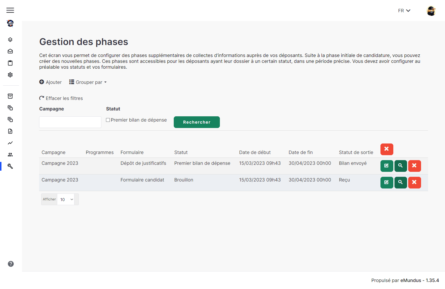 Screenshot of the phase management interface